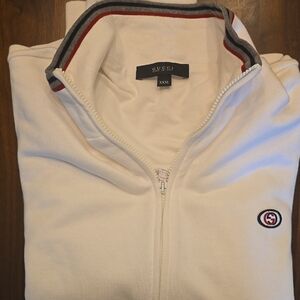 Gucci White Zip Up Sweater with Ribbed Collar